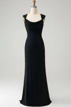 Preto azul sereia capuz pescoço longo vestido de dama de honra