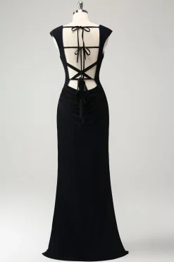 Preto azul sereia capuz pescoço longo vestido de dama de honra