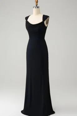 Preto azul sereia capuz pescoço longo vestido de dama de honra