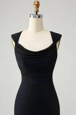 Preto azul sereia capuz pescoço longo vestido de dama de honra
