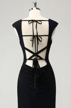 Preto azul sereia capuz pescoço longo vestido de dama de honra