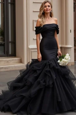 Preto Babados Sereia Tule Fora do Ombro Vestido de Noiva