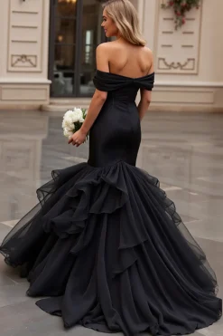 Preto Babados Sereia Tule Fora do Ombro Vestido de Noiva