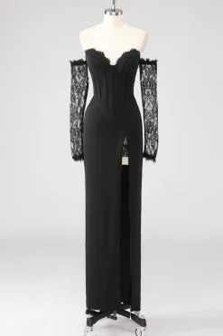 Preto Bainha Corset Cold Shoulder Renda Vestido Formal Com Mangas Longas