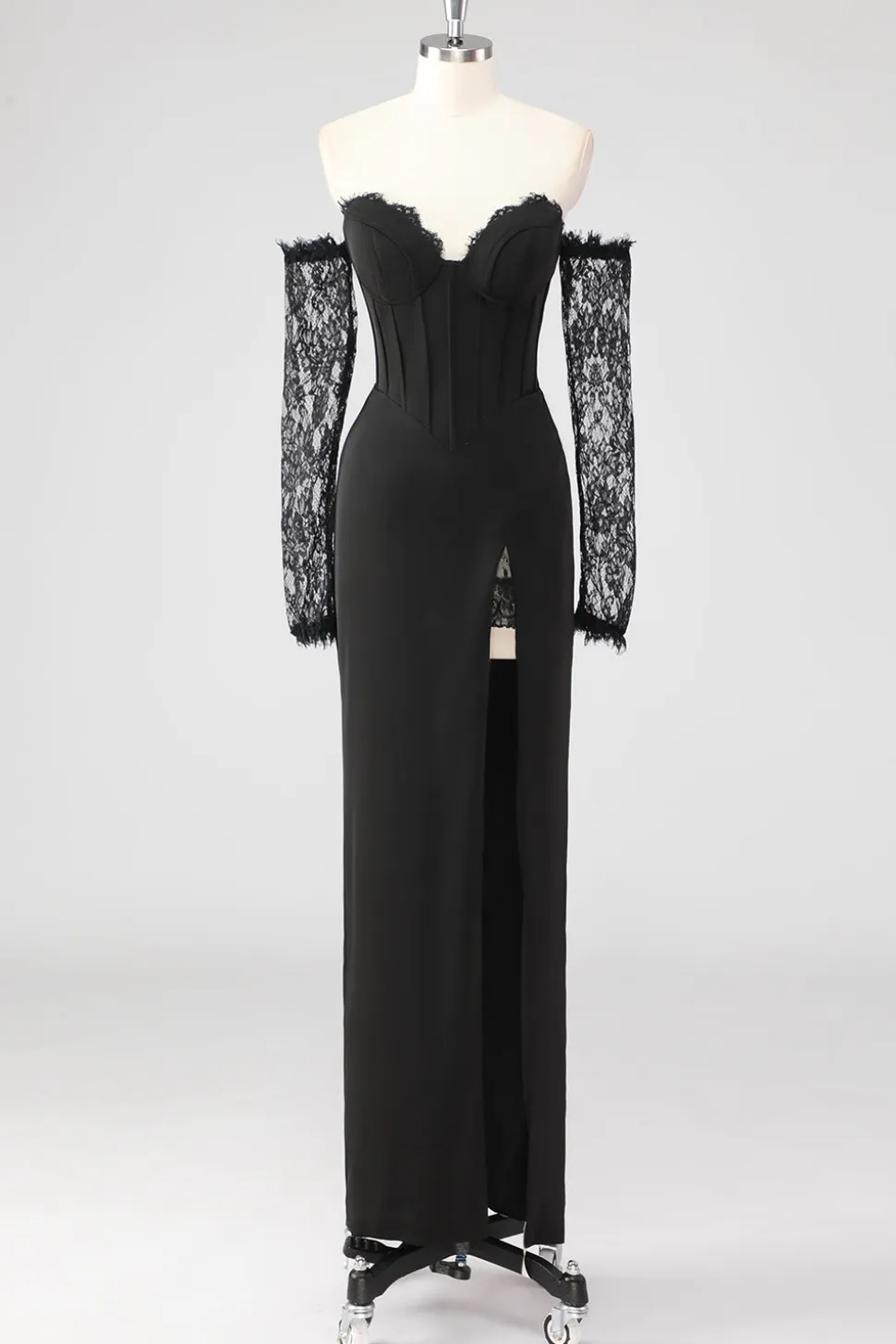 Preto Bainha Corset Cold Shoulder Renda Vestido Formal Com Mangas Longas