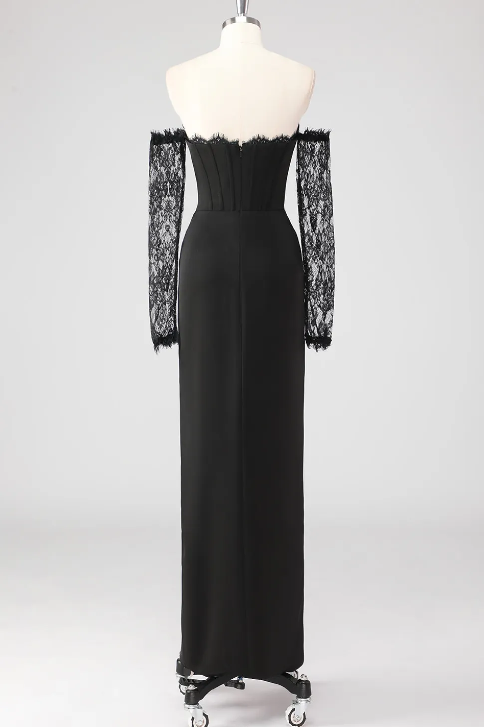 Preto Bainha Corset Cold Shoulder Renda Vestido Formal Com Mangas Longas