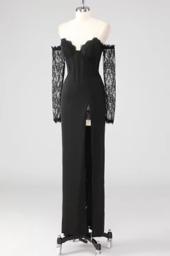 Preto Bainha Corset Cold Shoulder Renda Vestido Formal Com Mangas Longas