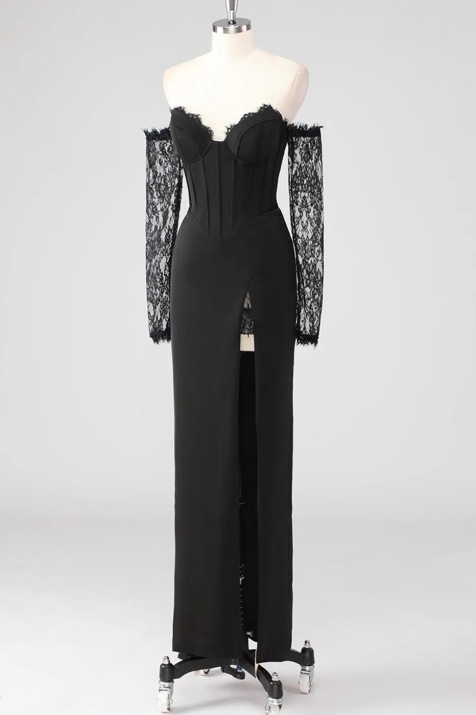 Preto Bainha Corset Cold Shoulder Renda Vestido Formal Com Mangas Longas