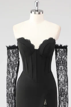 Preto Bainha Corset Cold Shoulder Renda Vestido Formal Com Mangas Longas