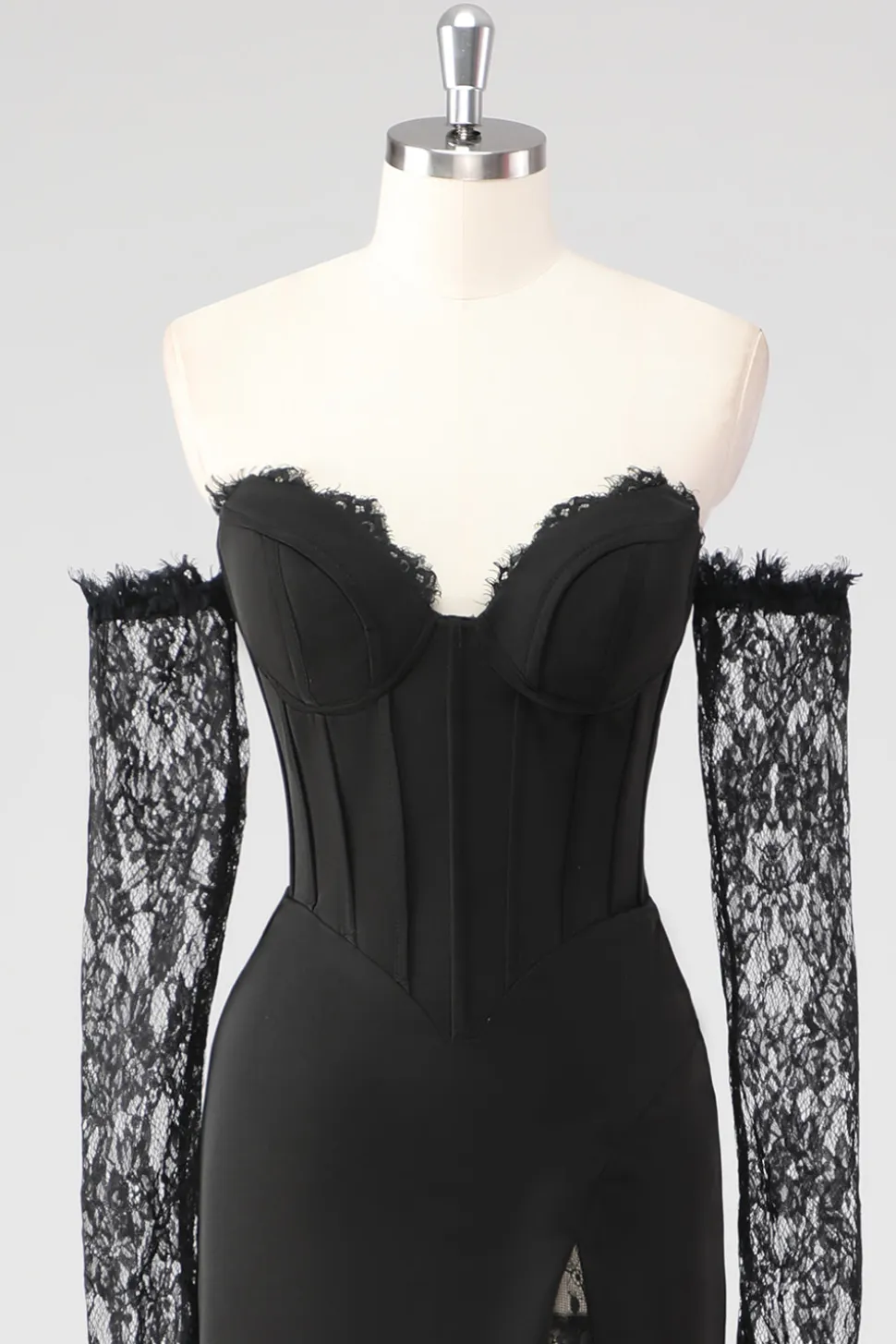 Preto Bainha Corset Cold Shoulder Renda Vestido Formal Com Mangas Longas