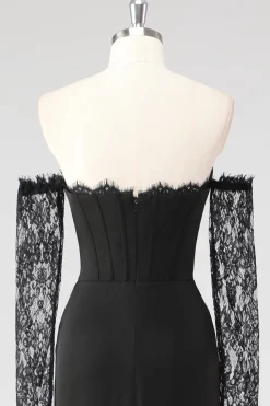 Preto Bainha Corset Cold Shoulder Renda Vestido Formal Com Mangas Longas