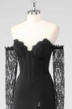 Preto Bainha Corset Cold Shoulder Renda Vestido Formal Com Mangas Longas