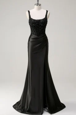Preto Bainha Espaguete Correias Corset Frisado Vestido Longo Baile com Fenda