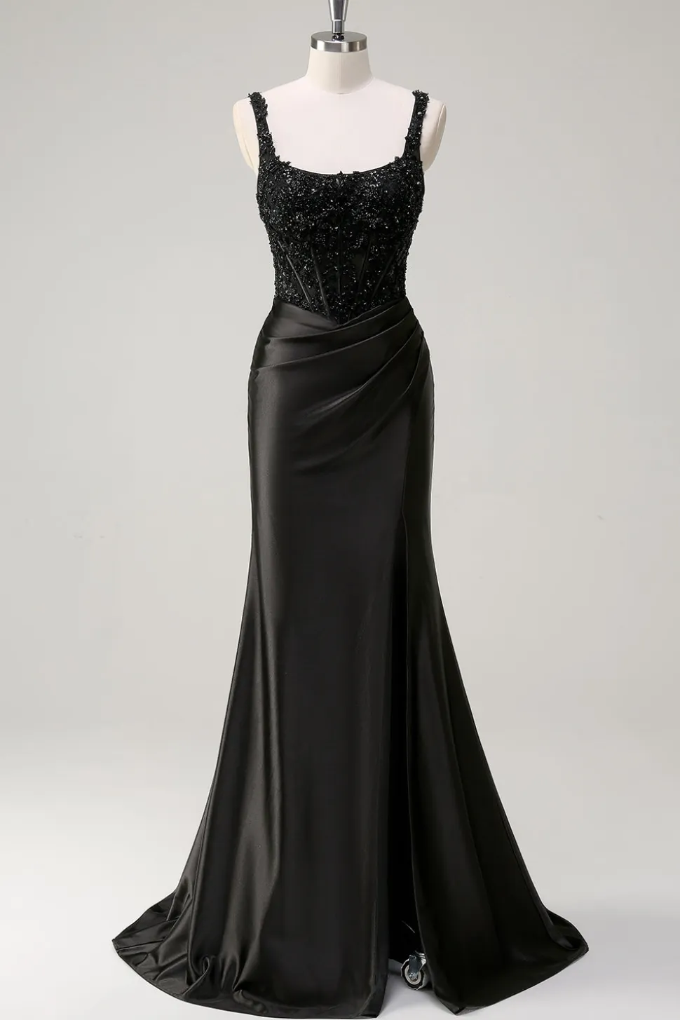 Preto Bainha Espaguete Correias Corset Frisado Vestido Longo Baile com Fenda