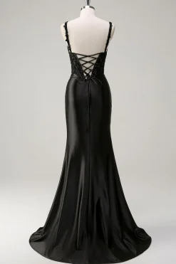 Preto Bainha Espaguete Correias Corset Frisado Vestido Longo Baile com Fenda