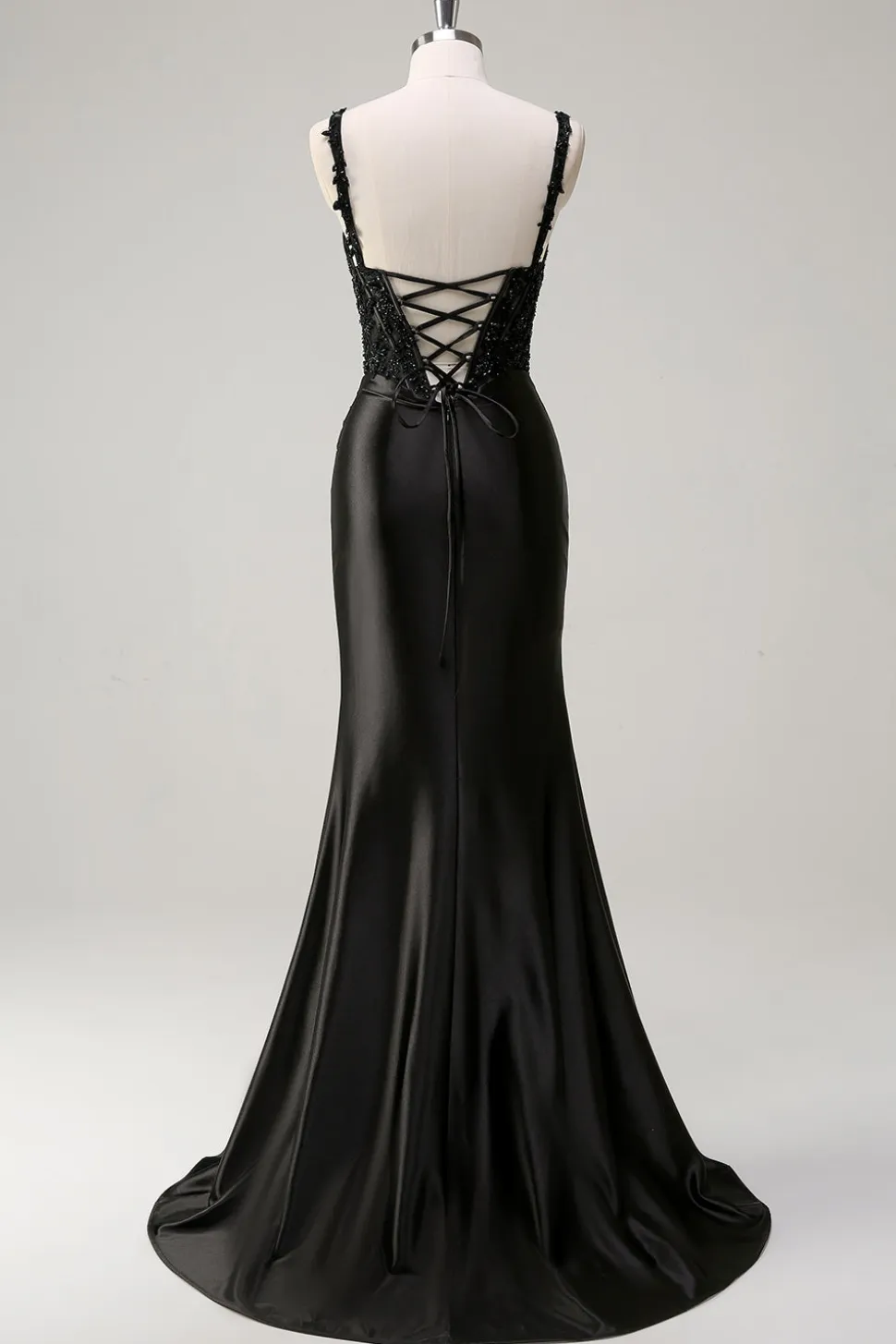 Preto Bainha Espaguete Correias Corset Frisado Vestido Longo Baile com Fenda