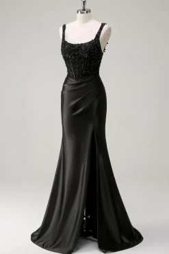 Preto Bainha Espaguete Correias Corset Frisado Vestido Longo Baile com Fenda