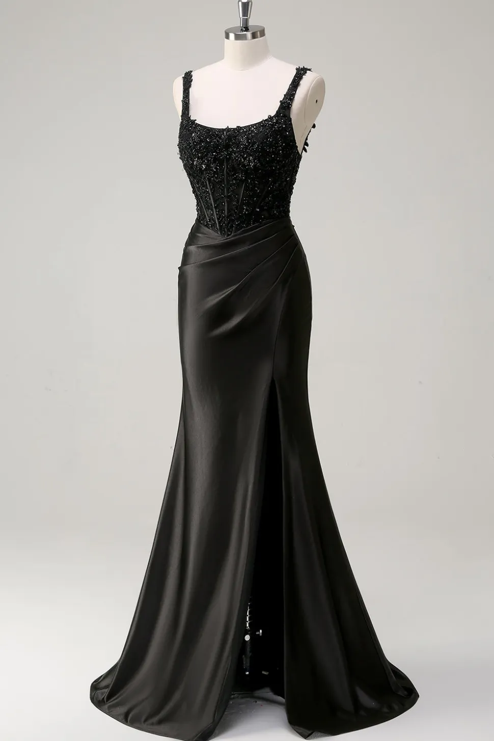 Preto Bainha Espaguete Correias Corset Frisado Vestido Longo Baile com Fenda