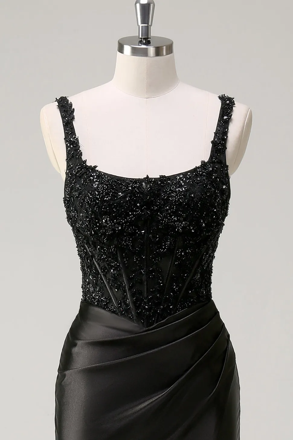 Preto Bainha Espaguete Correias Corset Frisado Vestido Longo Baile com Fenda