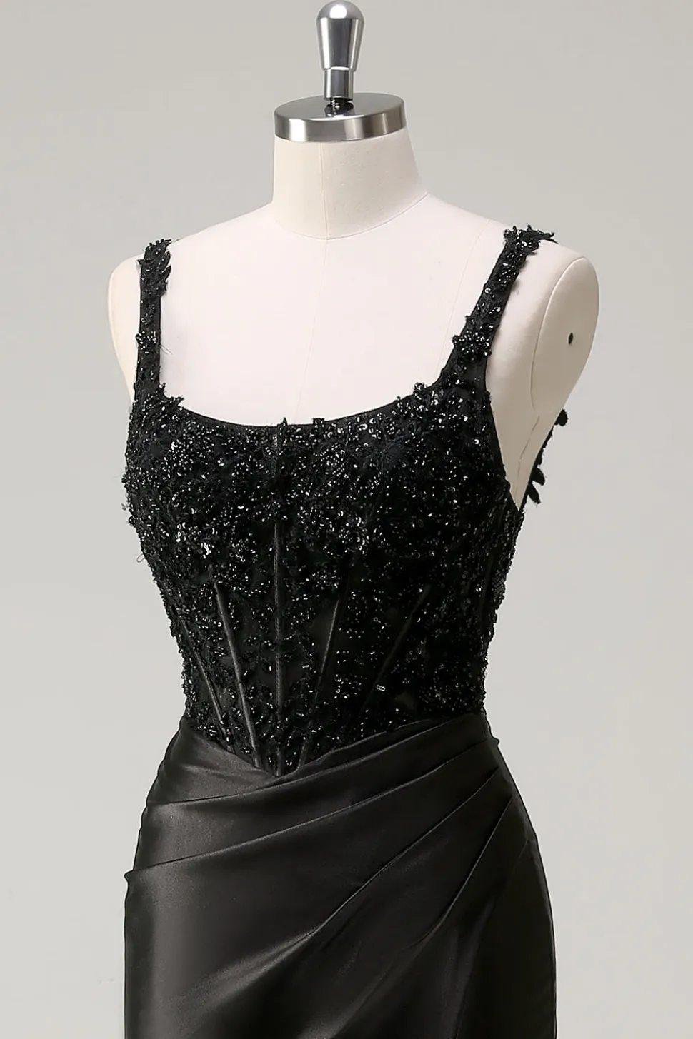 Preto Bainha Espaguete Correias Corset Frisado Vestido Longo Baile com Fenda
