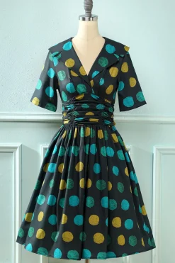 Preto Big Polka Dots 1950s Vintage Dress