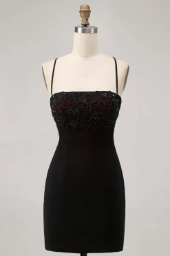Preto Bodycon Esparguete Correias Vestido Curto Homecoming com Missangas