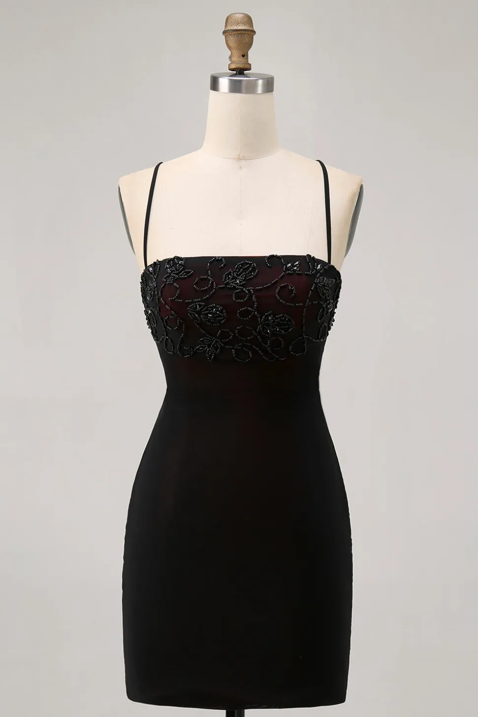 Preto Bodycon Esparguete Correias Vestido Curto Homecoming com Missangas