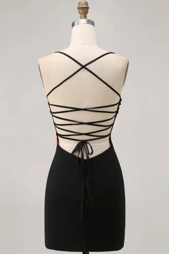 Preto Bodycon Esparguete Correias Vestido Curto Homecoming com Missangas