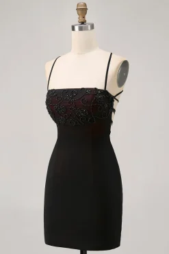 Preto Bodycon Esparguete Correias Vestido Curto Homecoming com Missangas