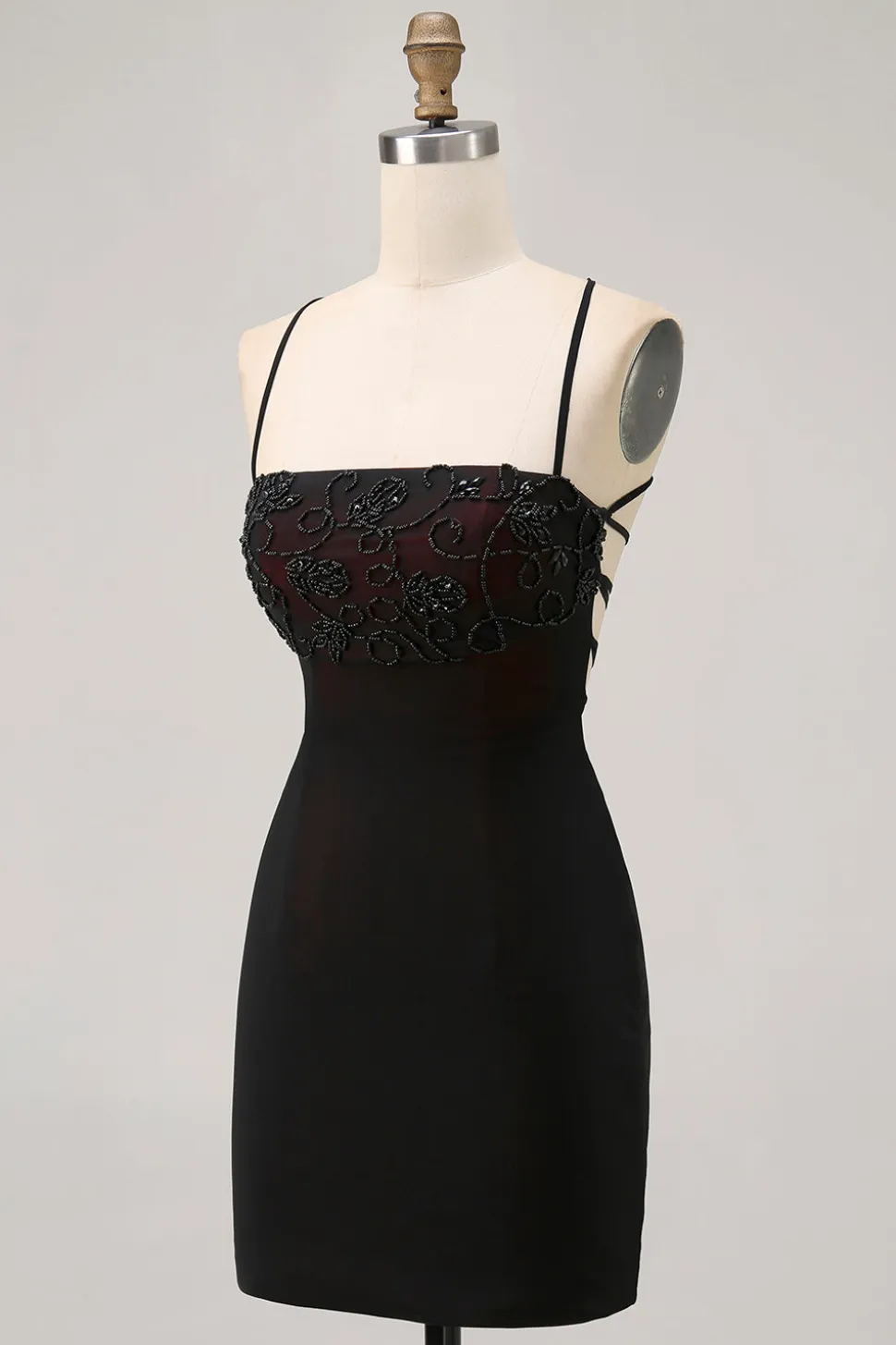 Preto Bodycon Esparguete Correias Vestido Curto Homecoming com Missangas