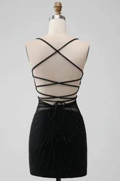 Preto Bodycon Esparguete Correias Corset Homecoming Dress com Missangas