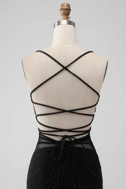 Preto Bodycon Esparguete Correias Corset Homecoming Dress com Missangas