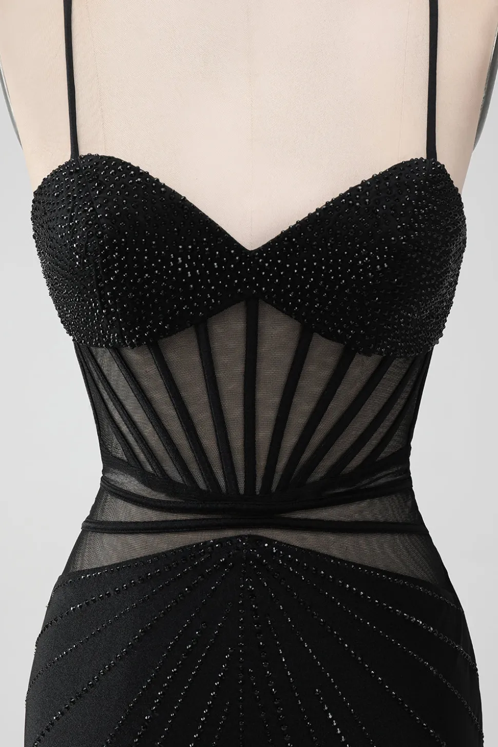Preto Bodycon Esparguete Correias Corset Homecoming Dress com Missangas