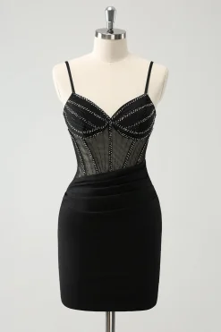 Preto Bodycon Esparguete Correias Corset Vestido Curto Homecoming com Missangas