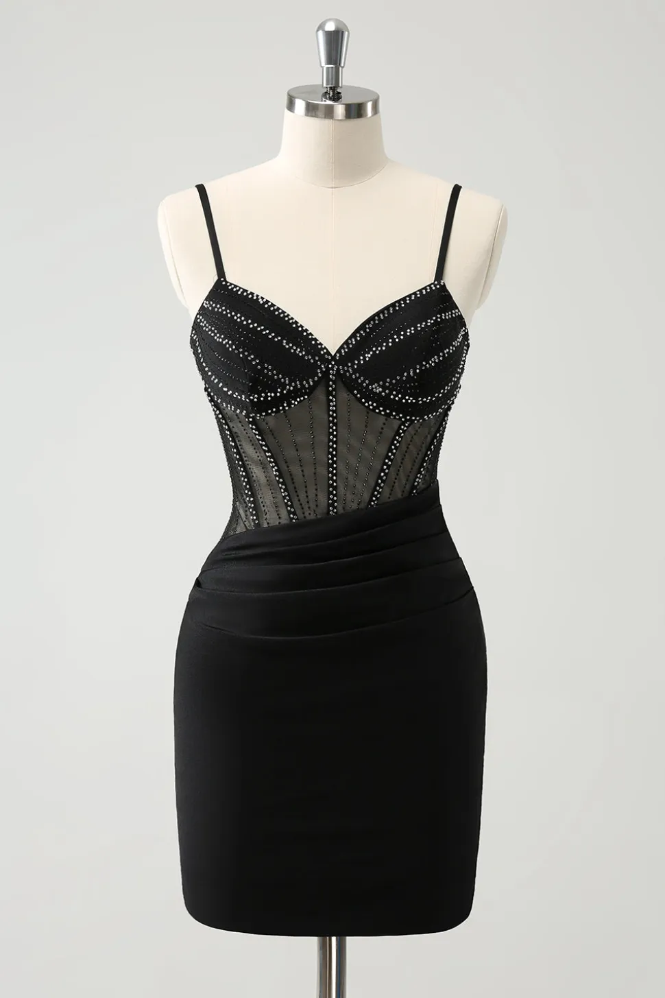 Preto Bodycon Esparguete Correias Corset Vestido Curto Homecoming com Missangas