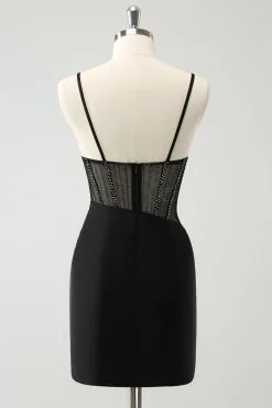 Preto Bodycon Esparguete Correias Corset Vestido Curto Homecoming com Missangas