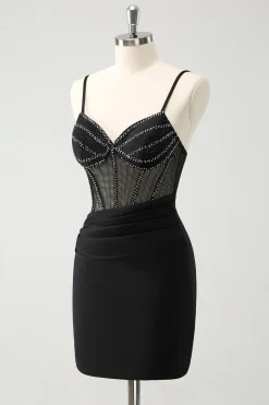 Preto Bodycon Esparguete Correias Corset Vestido Curto Homecoming com Missangas