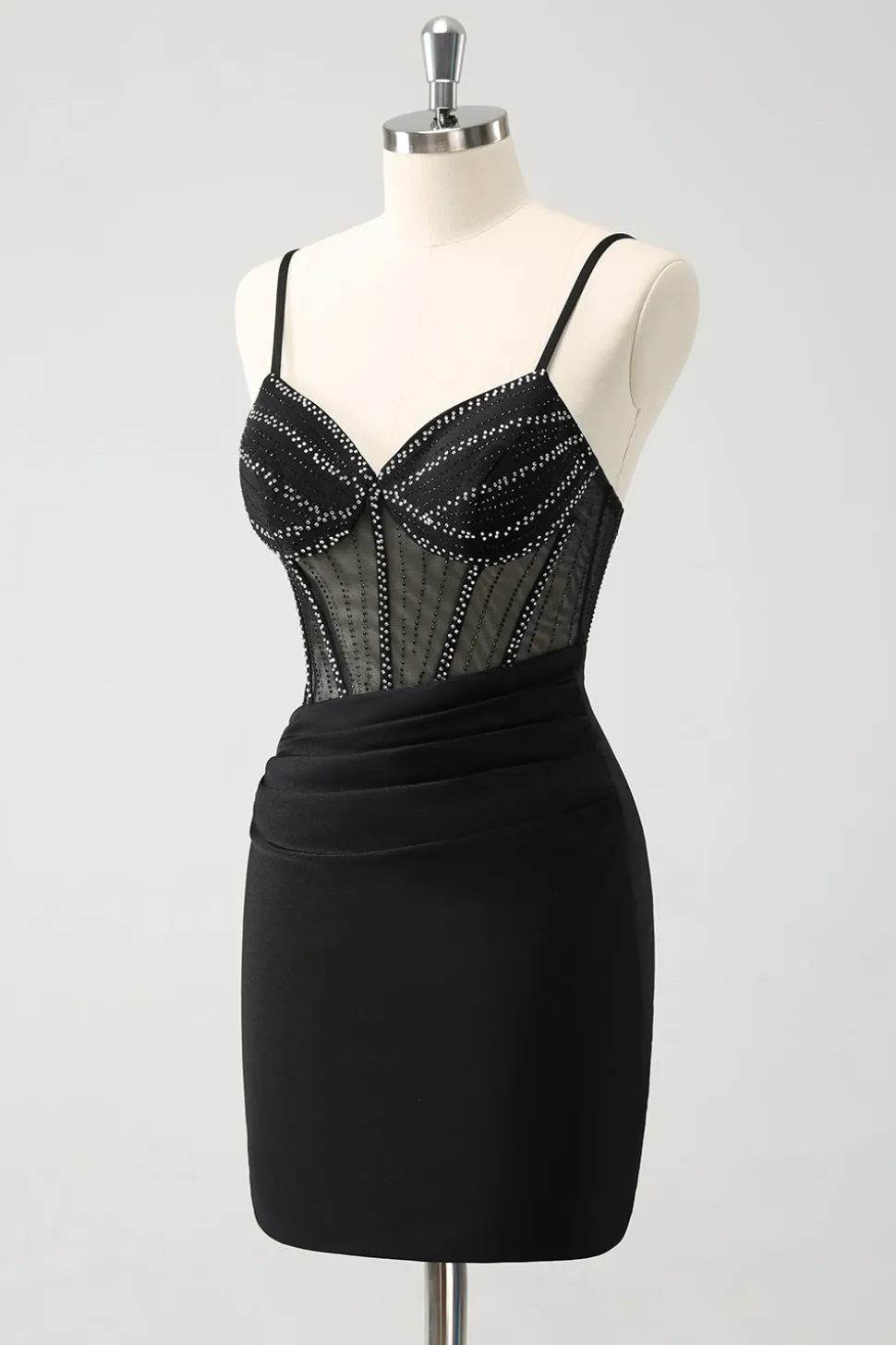 Preto Bodycon Esparguete Correias Corset Vestido Curto Homecoming com Missangas