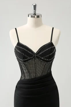 Preto Bodycon Esparguete Correias Corset Vestido Curto Homecoming com Missangas