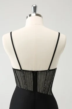 Preto Bodycon Esparguete Correias Corset Vestido Curto Homecoming com Missangas