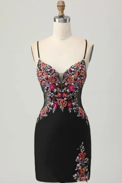 Preto Bodycon Flores Decote em V Mini Vestido Cocktail