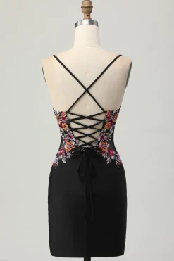 Preto Bodycon Flores Decote em V Mini Vestido Cocktail