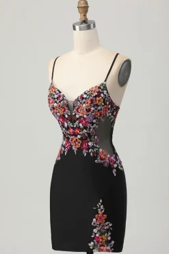 Preto Bodycon Flores Decote em V Mini Vestido Cocktail