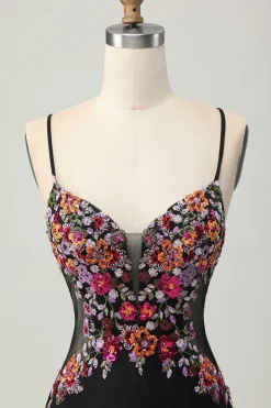 Preto Bodycon Flores Decote em V Mini Vestido Cocktail