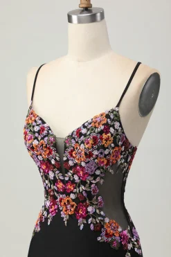 Preto Bodycon Flores Decote em V Mini Vestido Cocktail