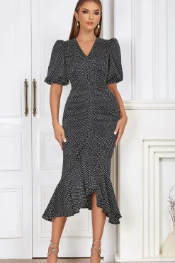 Preto Bodycon V Pescoço Polka Dot Ruched Vestido Formal com mangas Puff