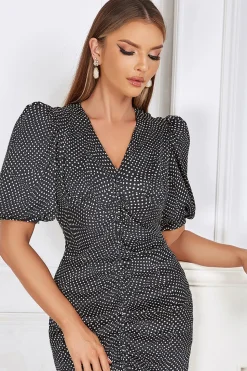 Preto Bodycon V Pescoço Polka Dot Ruched Vestido Formal com mangas Puff