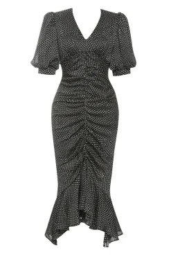 Preto Bodycon V Pescoço Polka Dot Ruched Vestido Formal com mangas Puff
