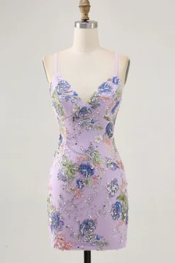 Preto Bodycon Vestido Curto Floral Homecoming com Sequins