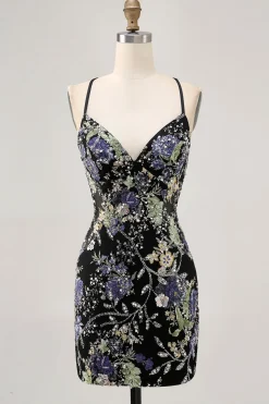 Preto Bodycon Vestido Curto Floral Homecoming com Sequins